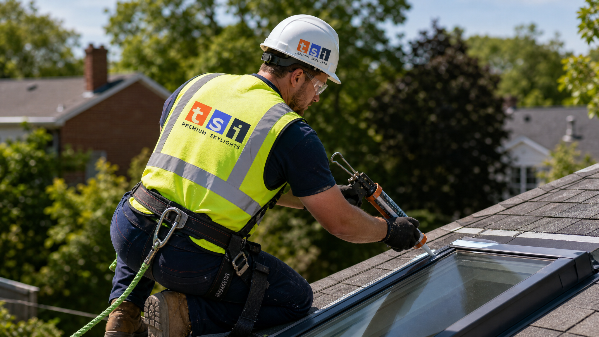 Installer securing flashing on a residential skylight to protect skylight resale value in Toronto