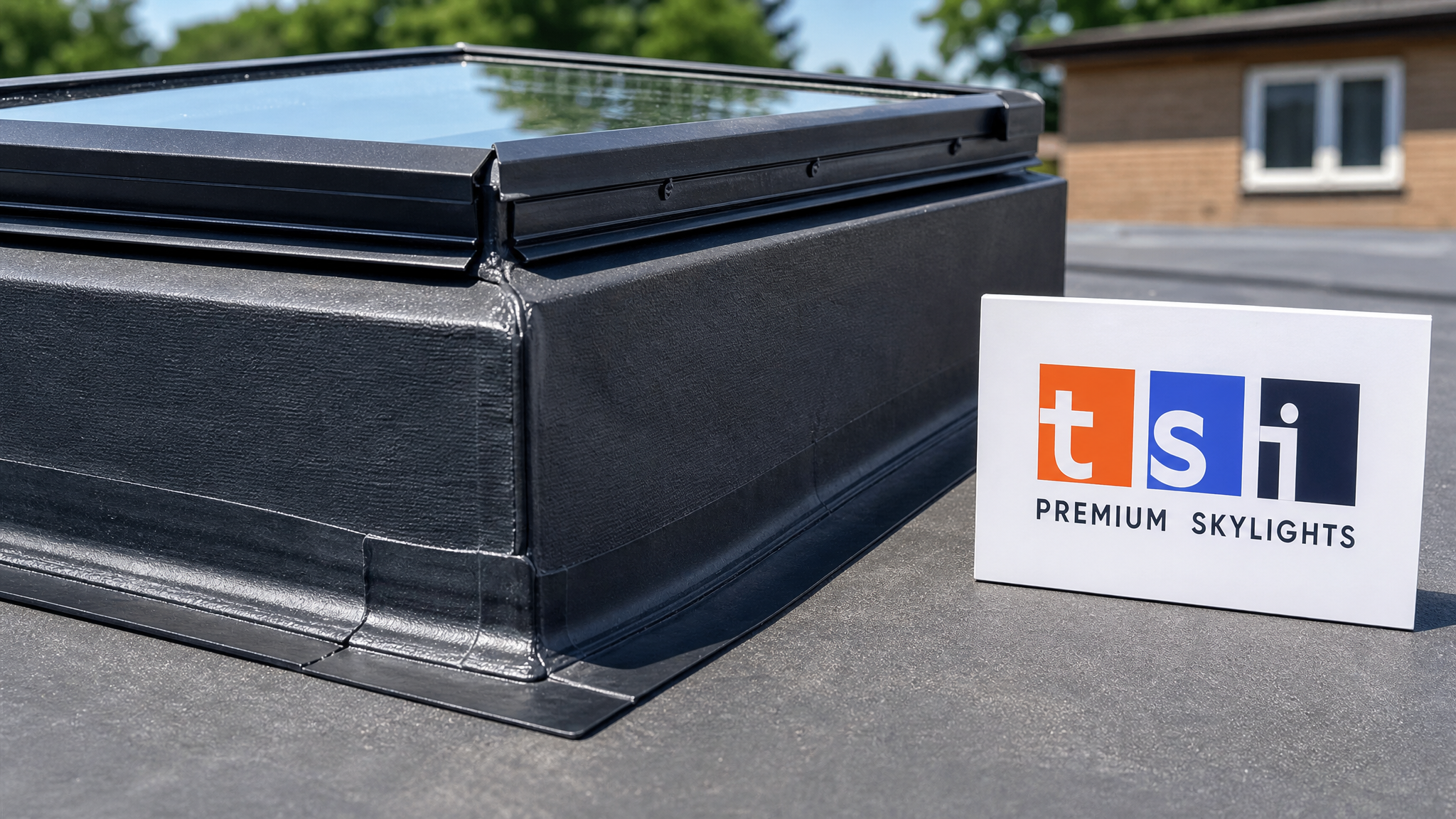 Close-up detail of skylight curb flashing and membrane seam on a flat roof