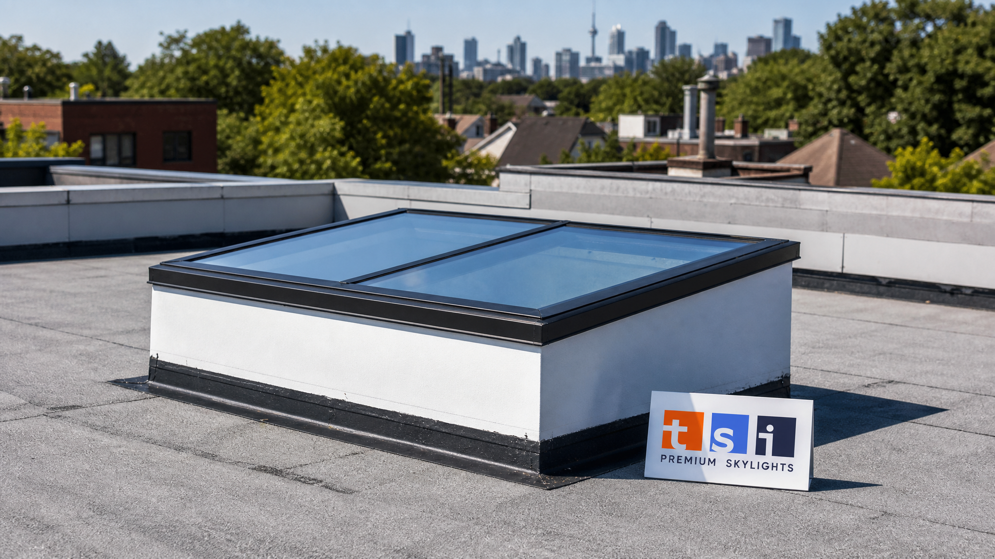 Wide establishing view of a flat roof skylight curb assembly on a Toronto flat roof in summer daylight