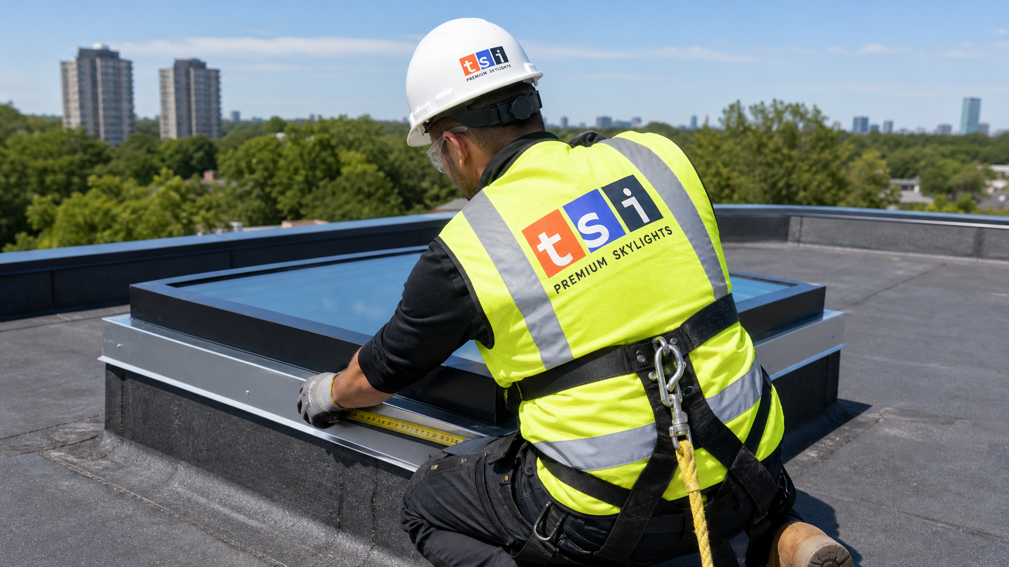 Roofing technician in full safety gear measuring and installing flat roof skylight curb flashing