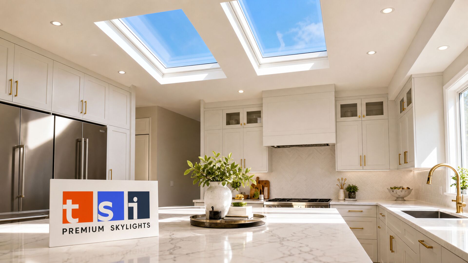 White kitchen with two skylights above the island letting in daylight