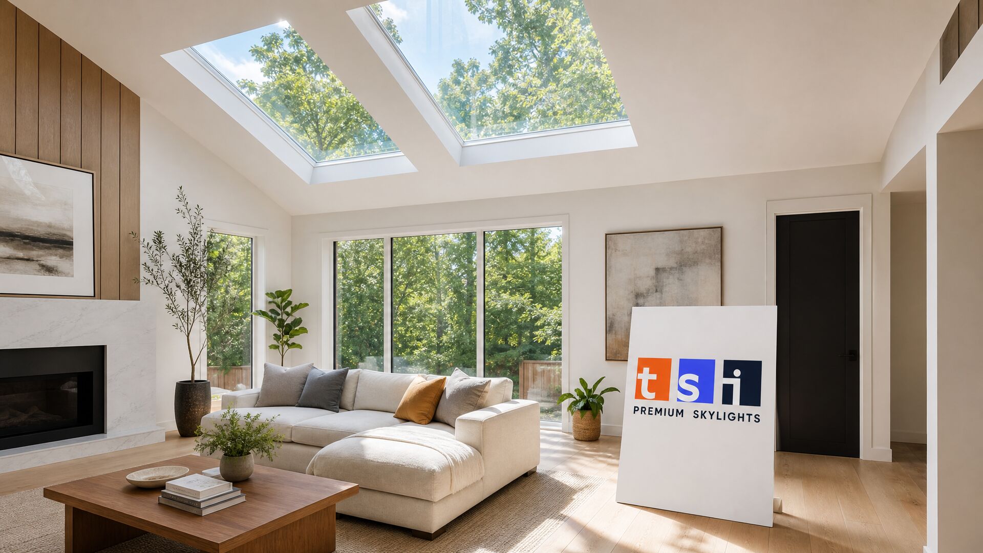 Bright living room with two large skylights in a vaulted ceiling and a TSI Premium Skylights sign
