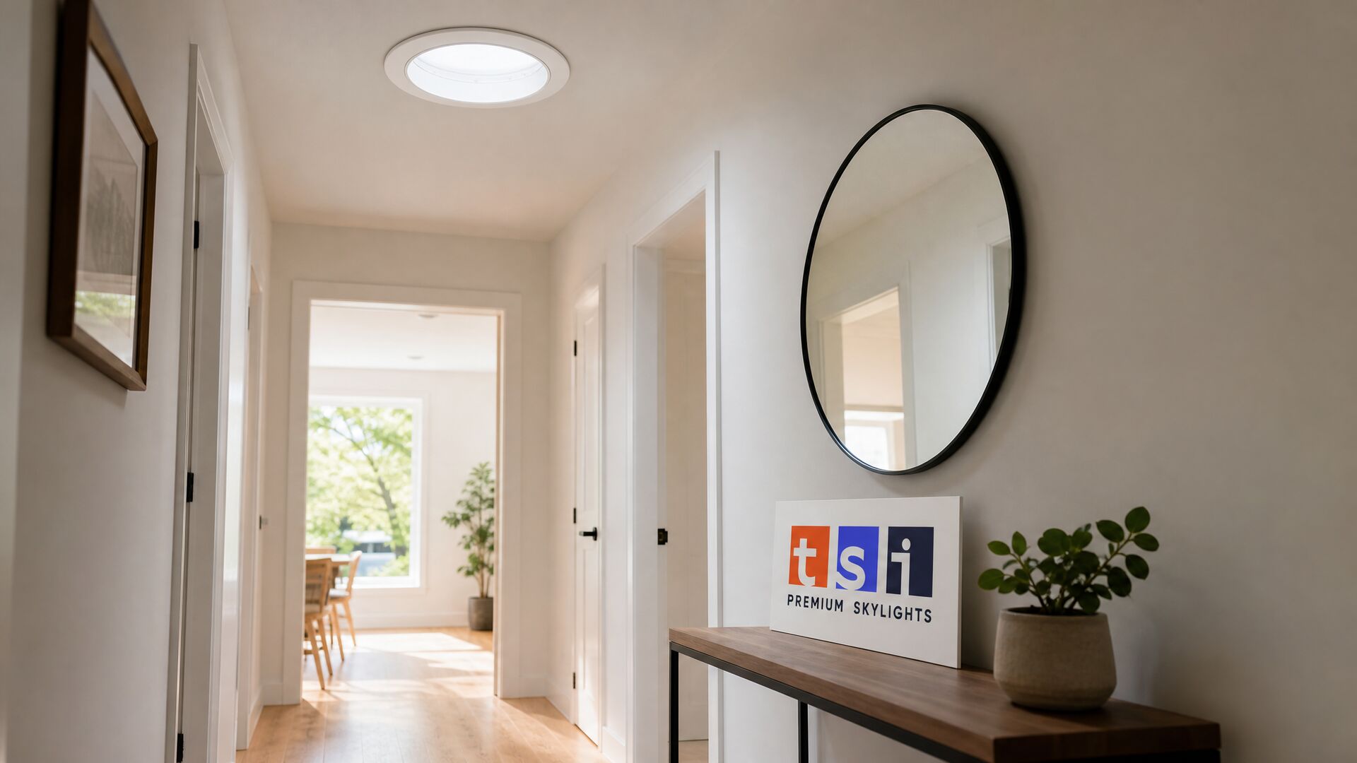 Hallway lit by a round Velux sun tunnel in the ceiling with a TSI Premium Skylights sign on a console table
