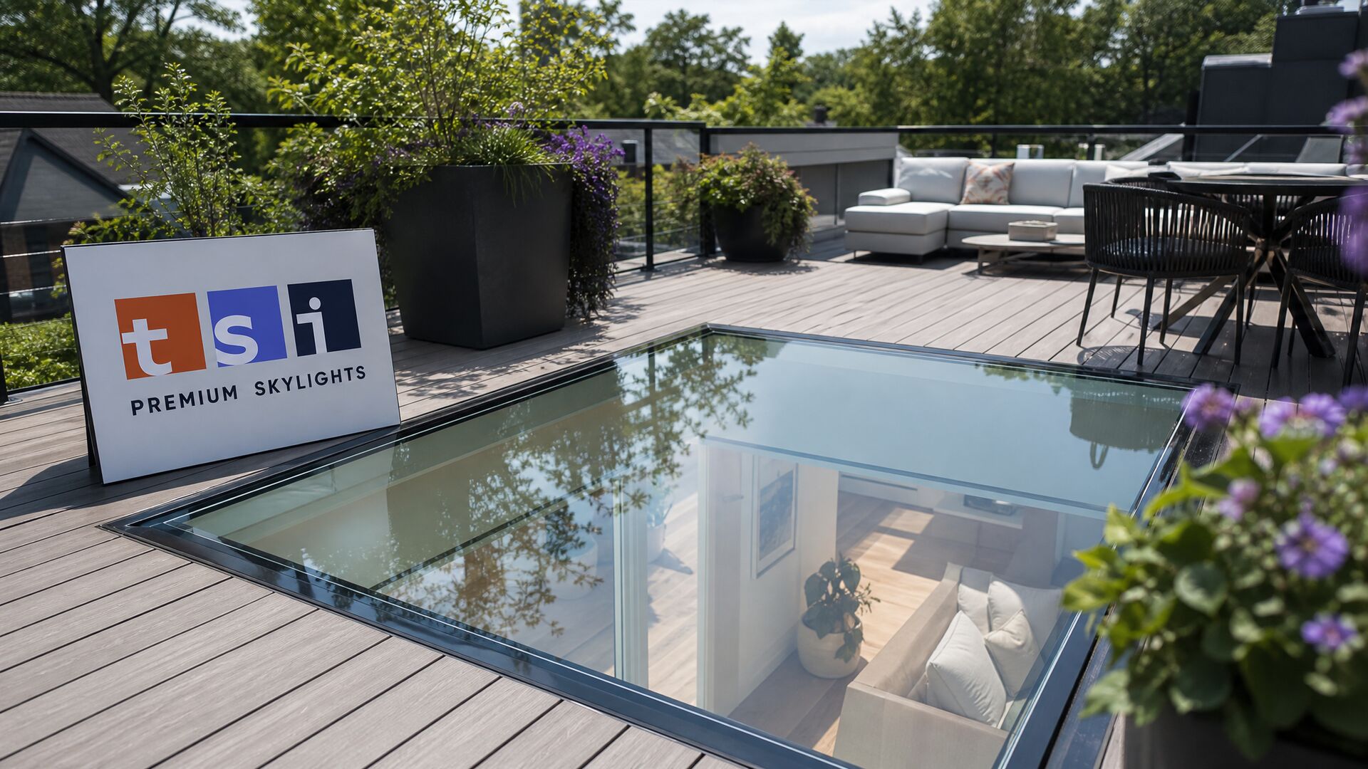 Walk-on glass skylight set into a rooftop deck overlooking the living space below