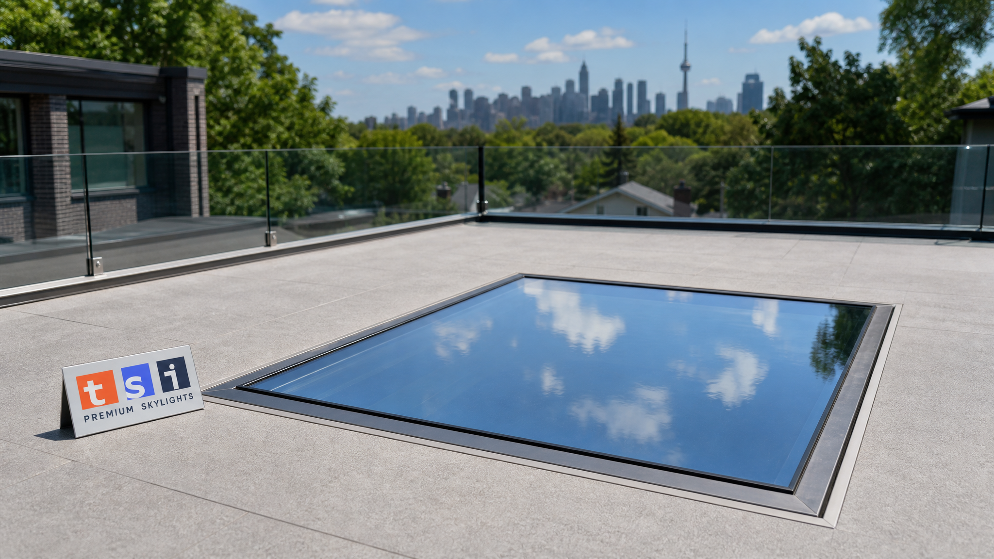 Walk-on glass skylight set flush into a clean Toronto rooftop terrace surface
