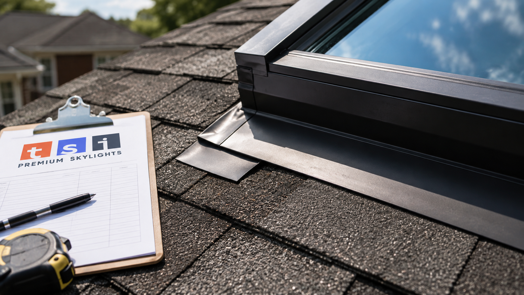 Close view of skylight flashing and shingle detail showing correct waterproofing on skylights Peel Region homes rely on
