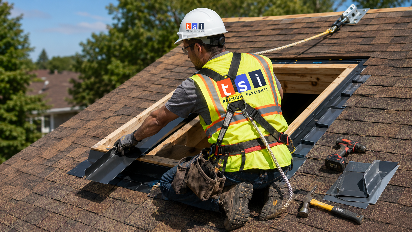Roofer in full safety gear fitting flashing around a new skylight opening on a Peel Region suburban roof
