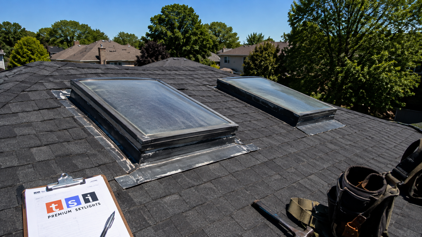 Aging skylights on a suburban Mississauga roof awaiting skylight replacement in Mississauga