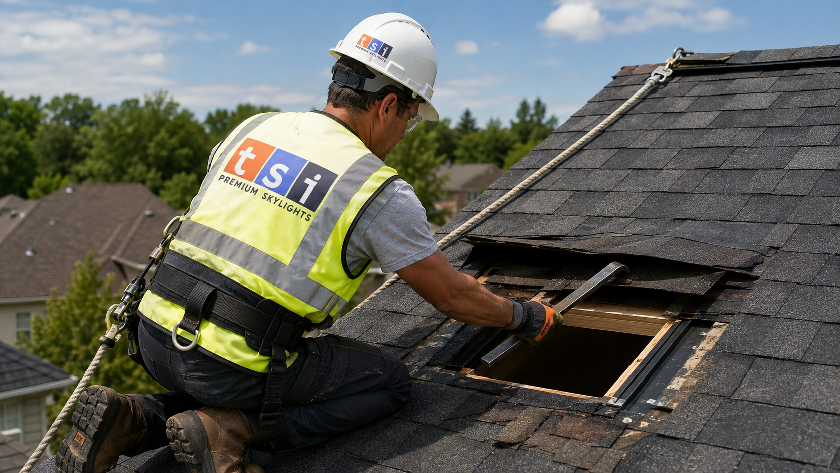 Roofer in full safety gear preparing a roof opening during skylight replacement in Mississauga