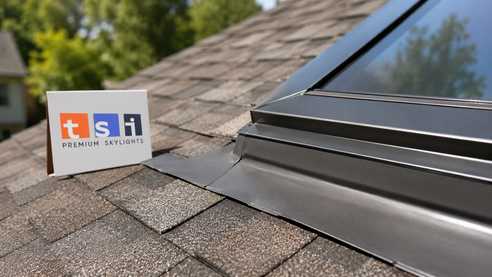 Close view of skylight flashing and shingle integration from a skylight installation Brampton homeowners rely on