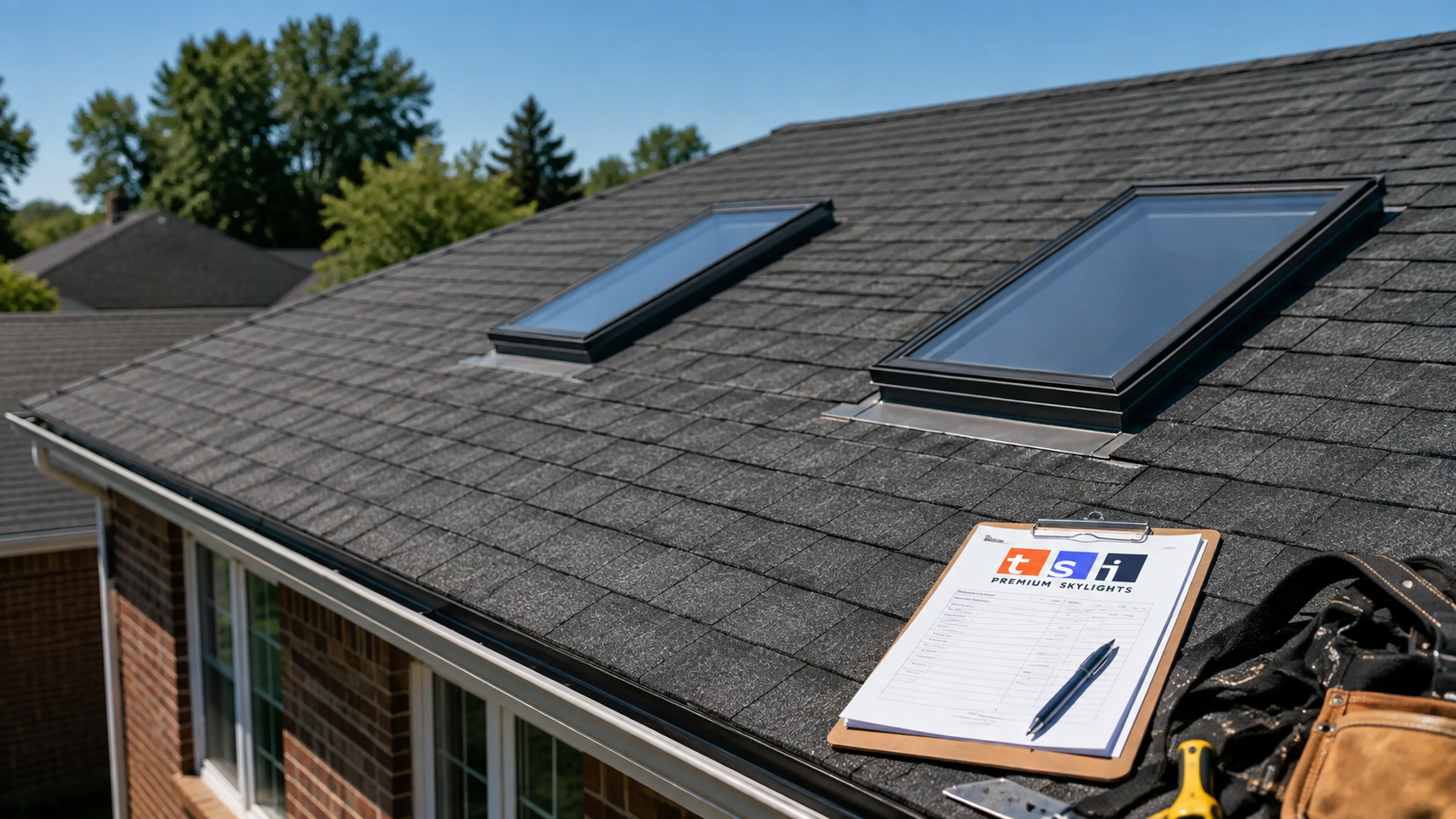 Two fixed skylights on the asphalt shingle roof of a Brampton home after professional skylight installation