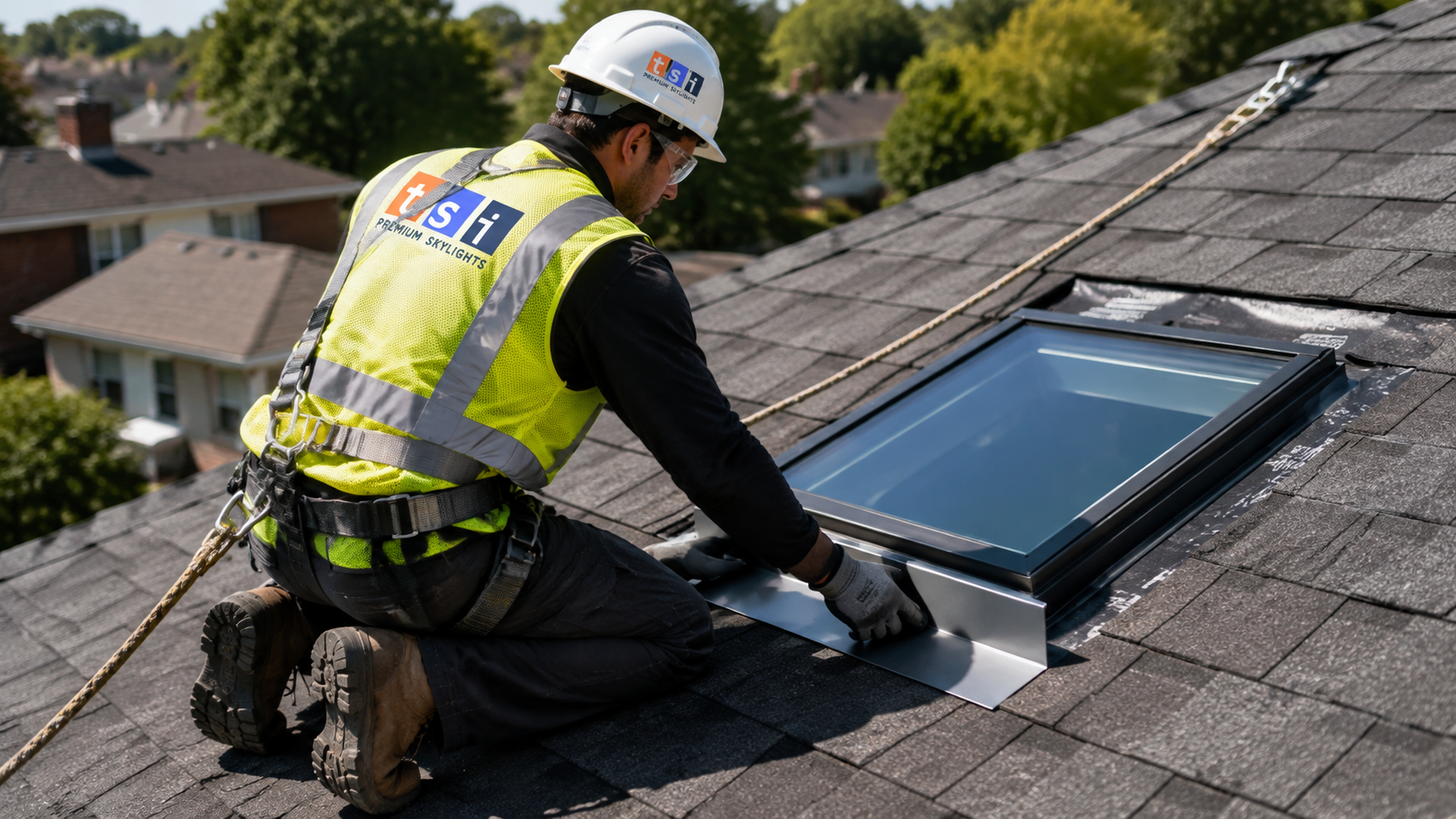 Roofer in full safety gear setting flashing during a skylight installation Brampton project on a shingle roof