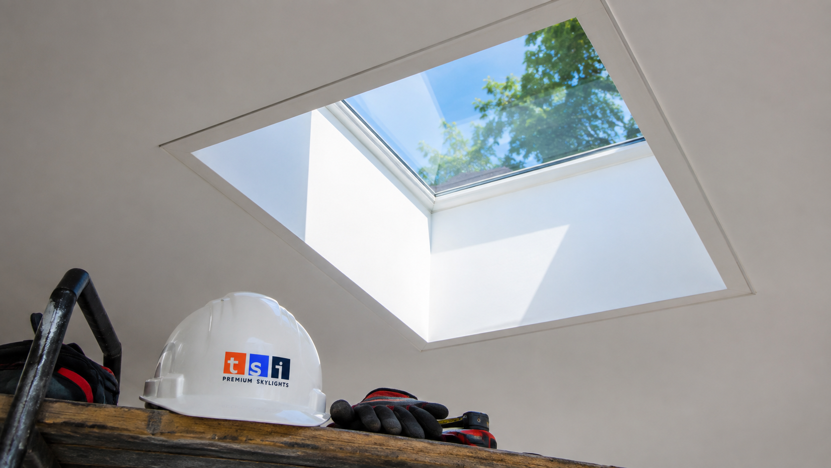 Close view of finished interior light shaft and trim following skylight installation in Pickering
