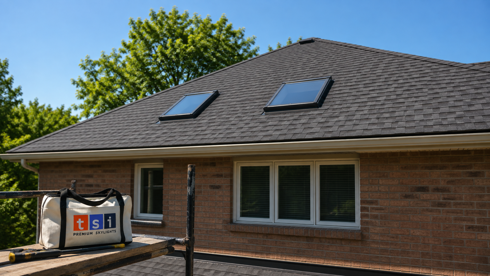 Two newly fitted skylights on an asphalt shingle roof after skylight installation in Pickering
