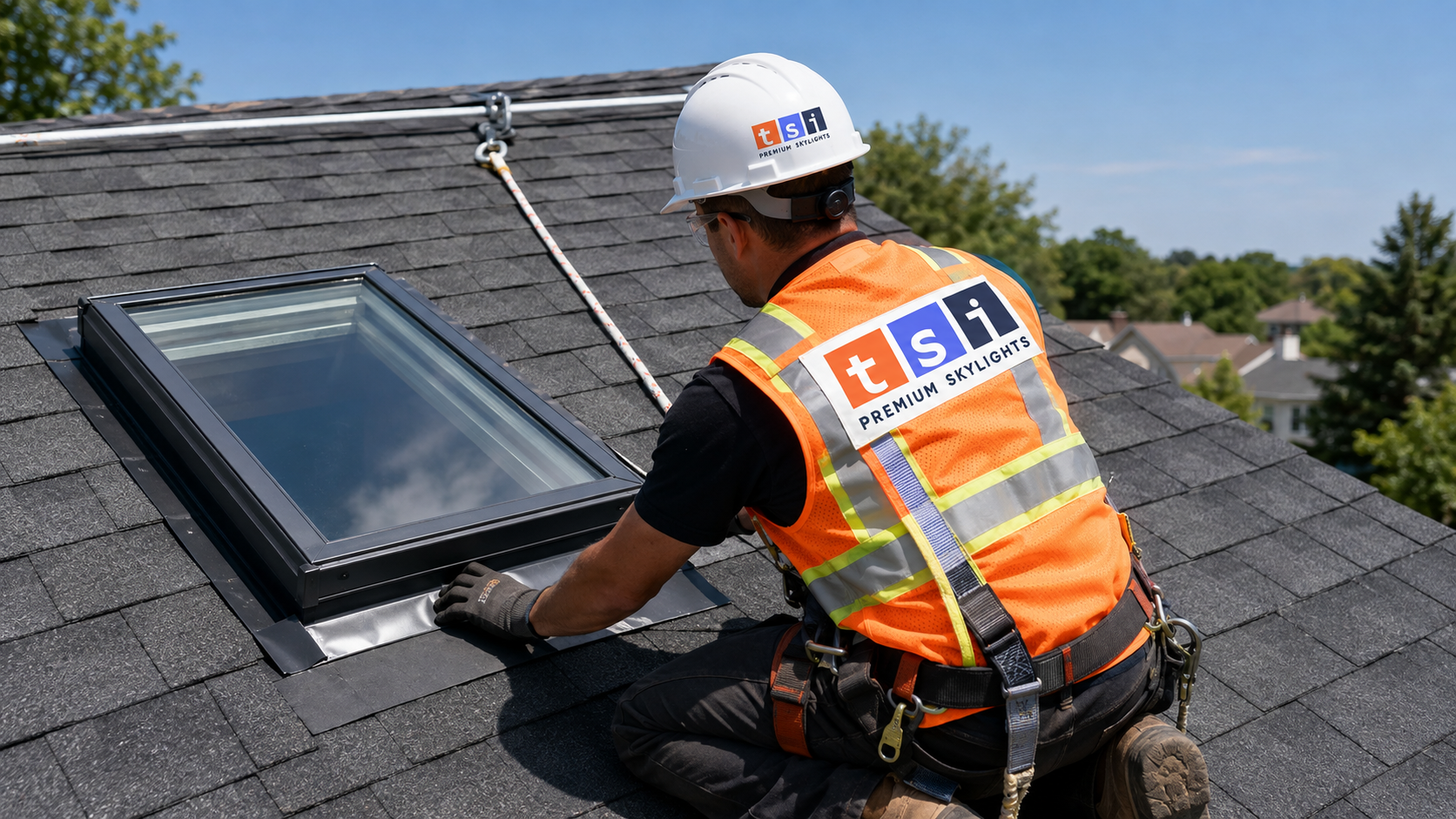 Installer securing flashing during a skylight installation in Pickering on a sloped shingle roof