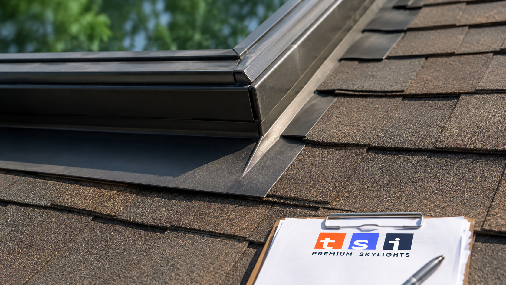 Close up detail of skylight flashing and shingle integration from a skylight installation Whitby project