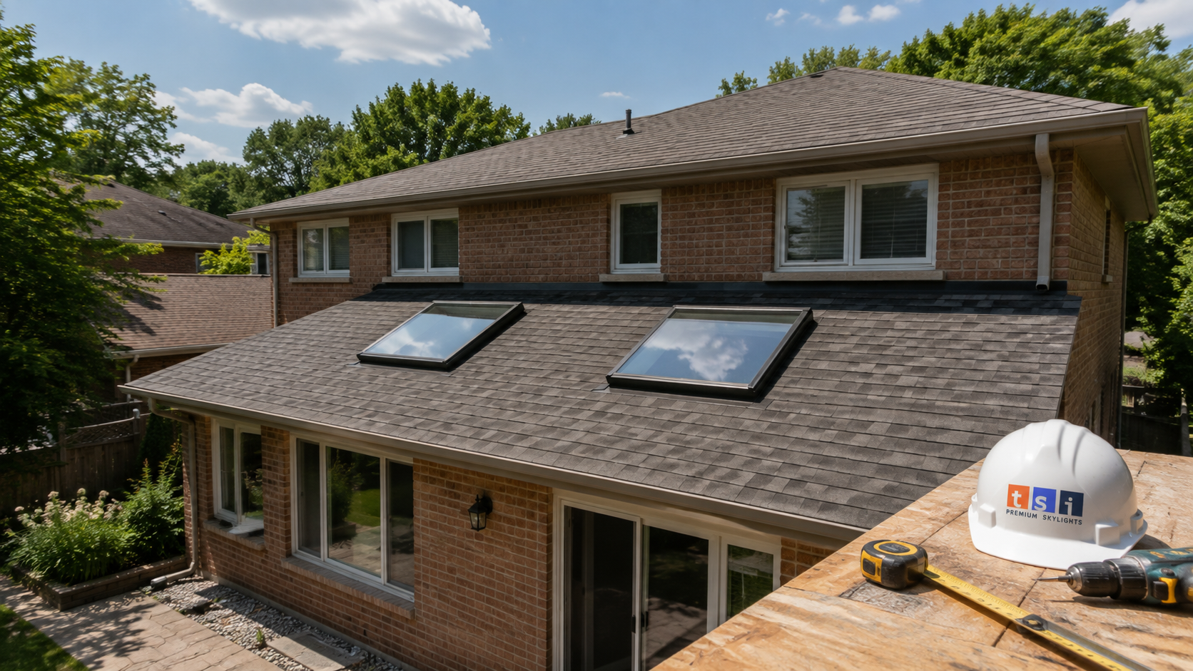 Skylight installation Whitby: two fixed skylights on the asphalt shingle roof of a suburban home