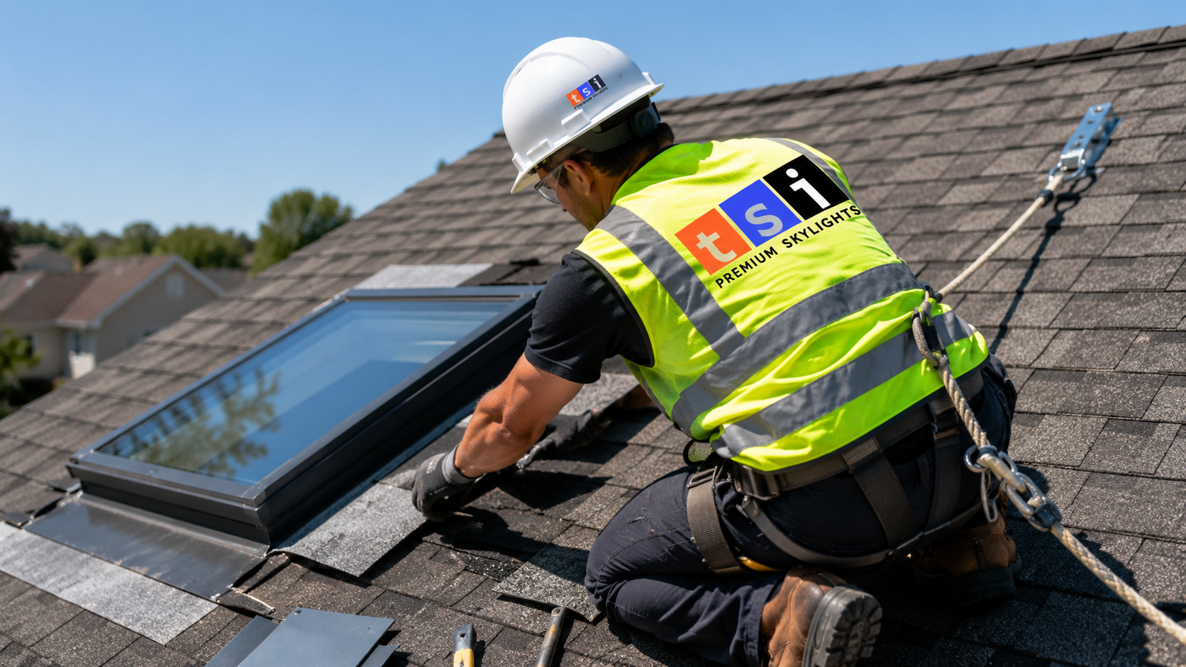 Roofer in full safety gear setting flashing during a skylight installation Whitby project on a shingled roof
