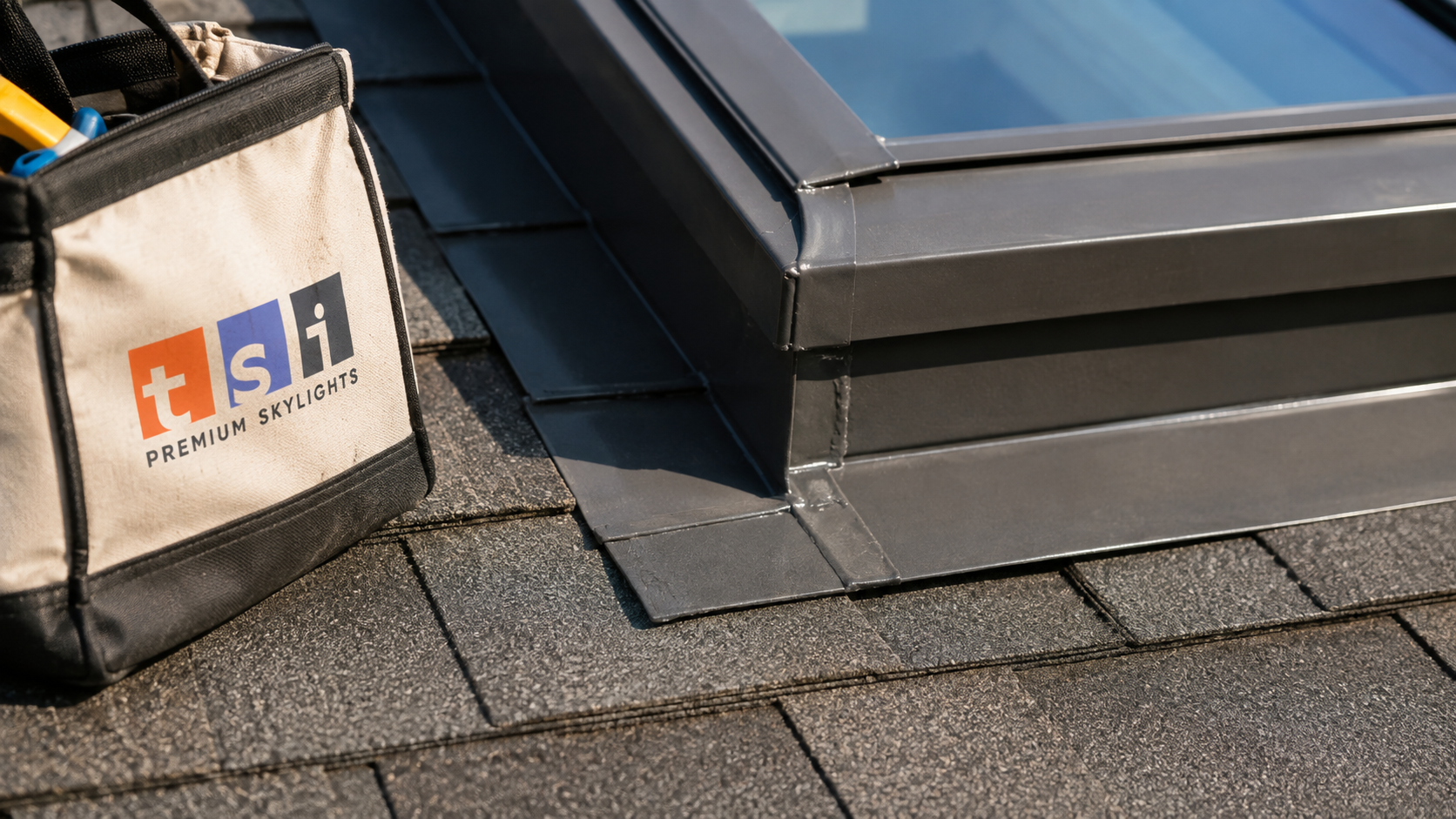 Close-up detail of step flashing and head flashing on a completed skylight installation Oshawa project