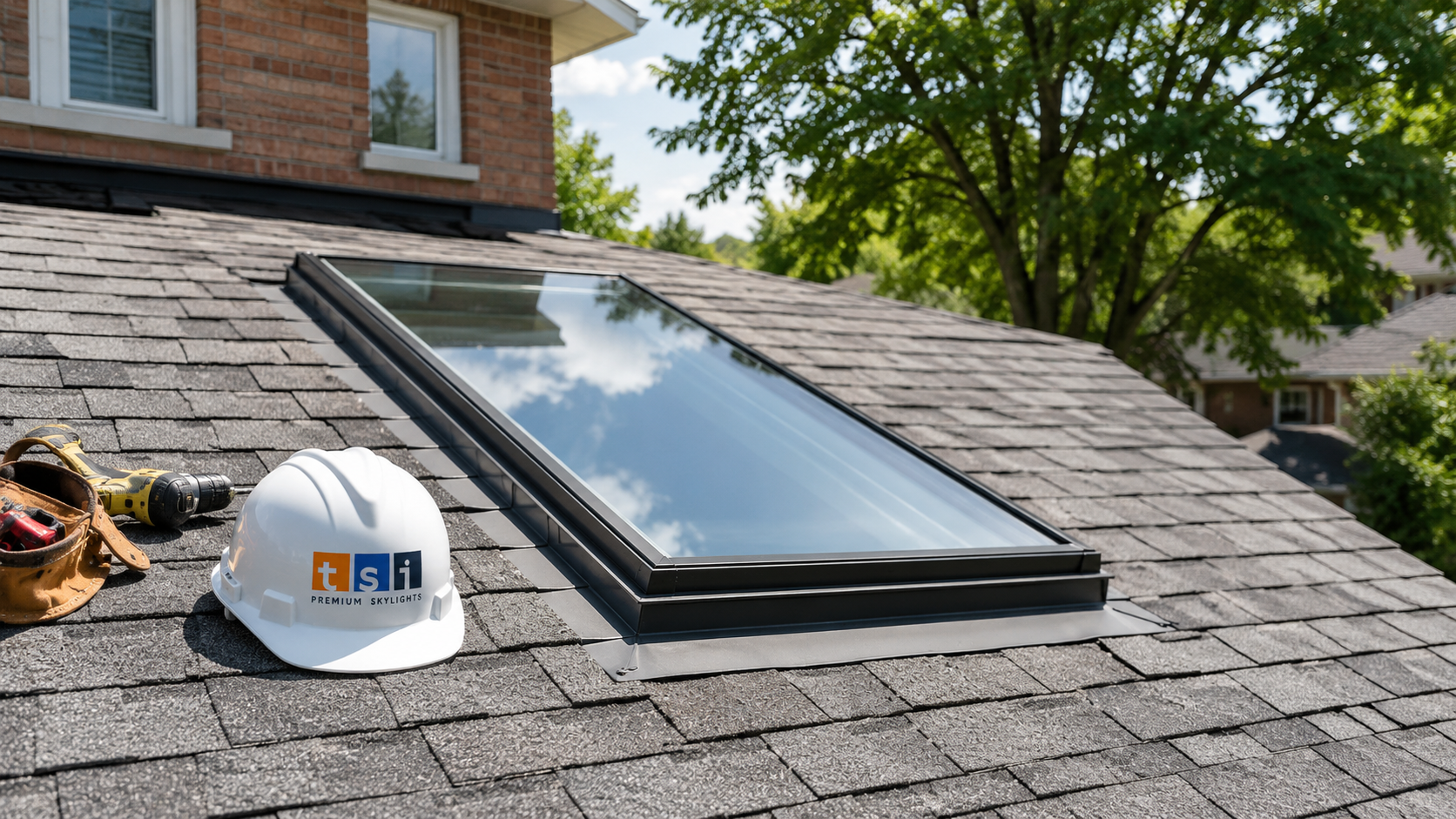 New skylight installation on an Oshawa home roof with clean flashing on grey asphalt shingles