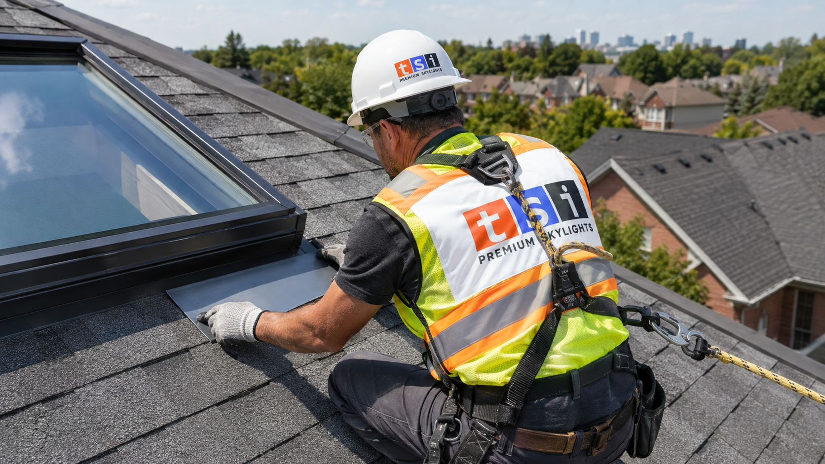 Installer in full safety gear completing a skylight installation Oshawa homeowners booked on a shingled roof