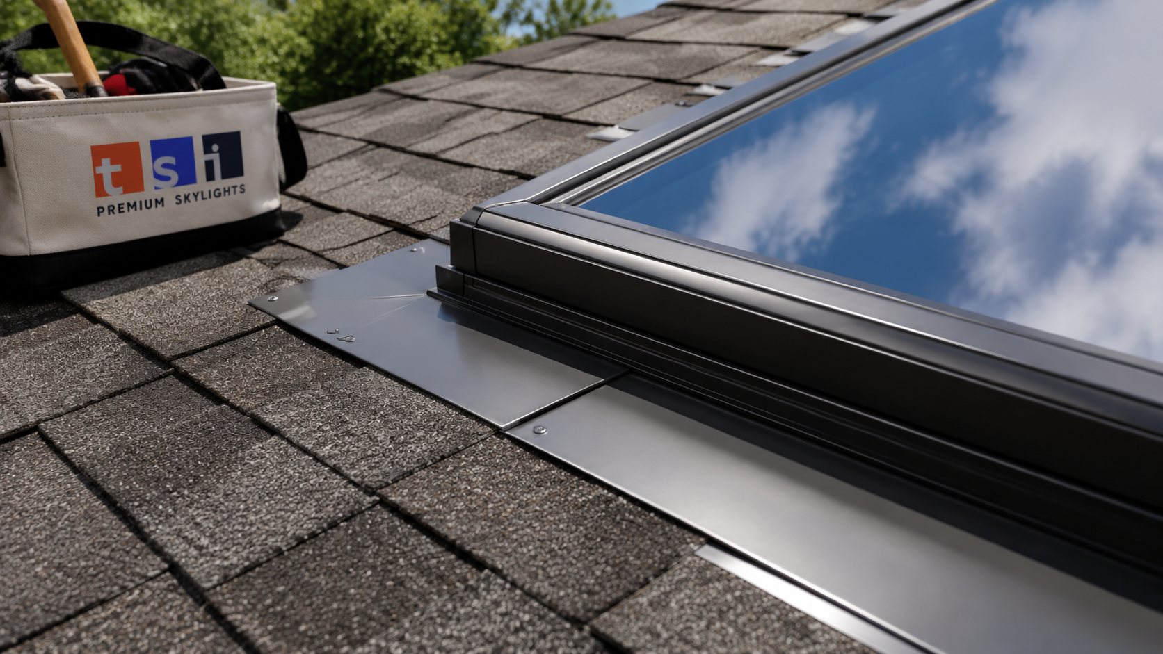 Close view of new skylight flashing and shingle integration after skylight replacement Whitby roof work