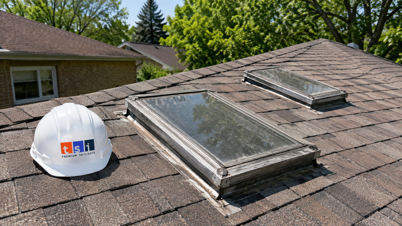 Two aged skylights on an asphalt shingle roof of a Whitby home due for skylight replacement