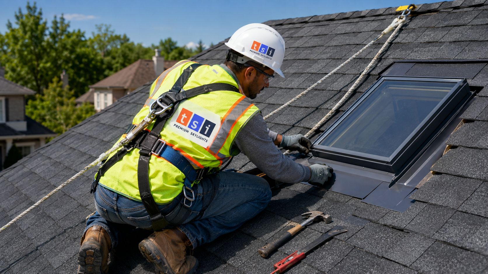 Roofer in full safety gear installing flashing during a skylight replacement Whitby homeowners scheduled for summer