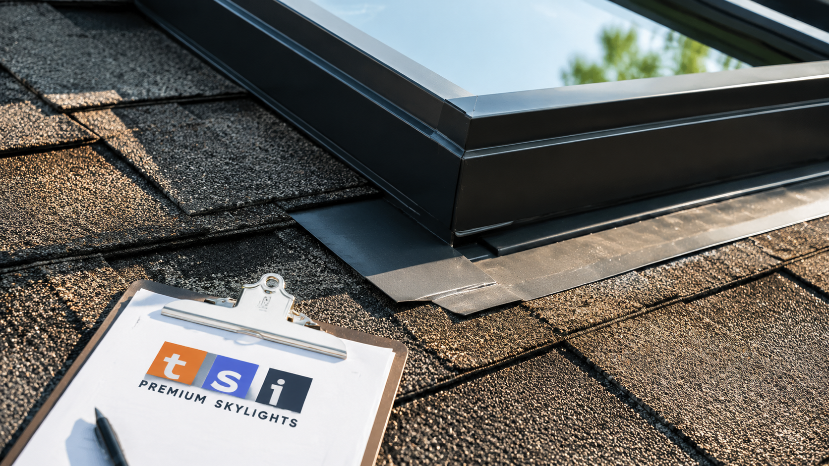 Close detail of flashing and sealed curb on skylights Durham Region installers fit to asphalt shingle roofs