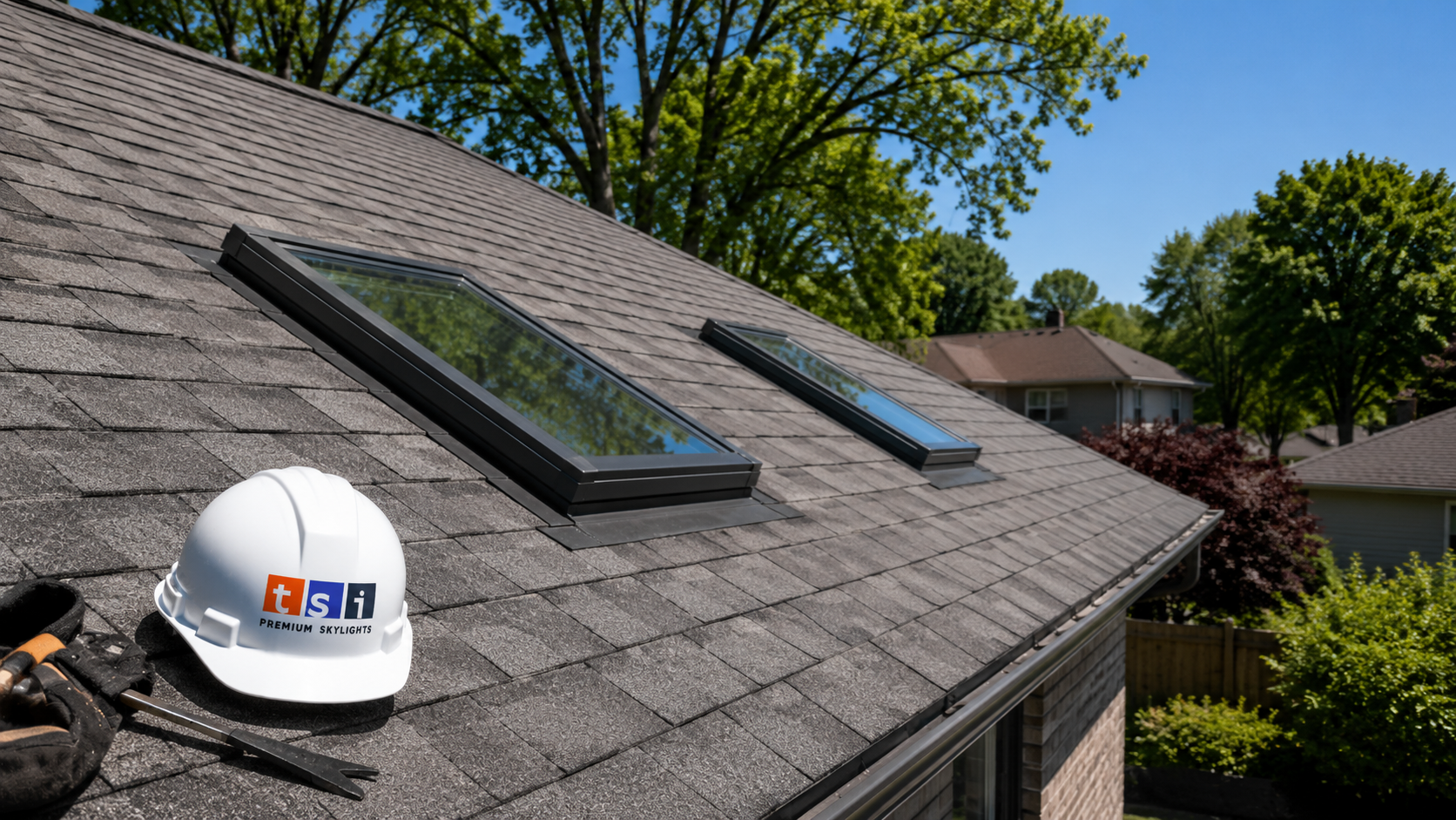 Skylights Durham Region homes rely on, installed on a suburban asphalt shingle roof in summer daylight