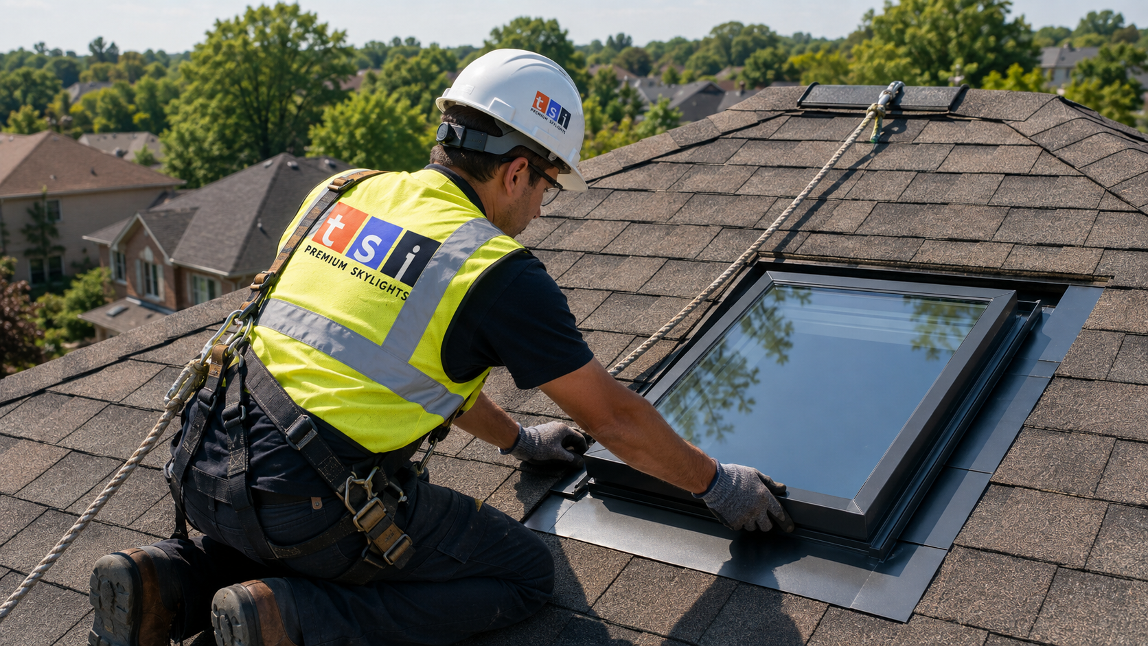 Installer fitting skylights Durham Region homeowners ordered, working in full safety harness on a suburban roof