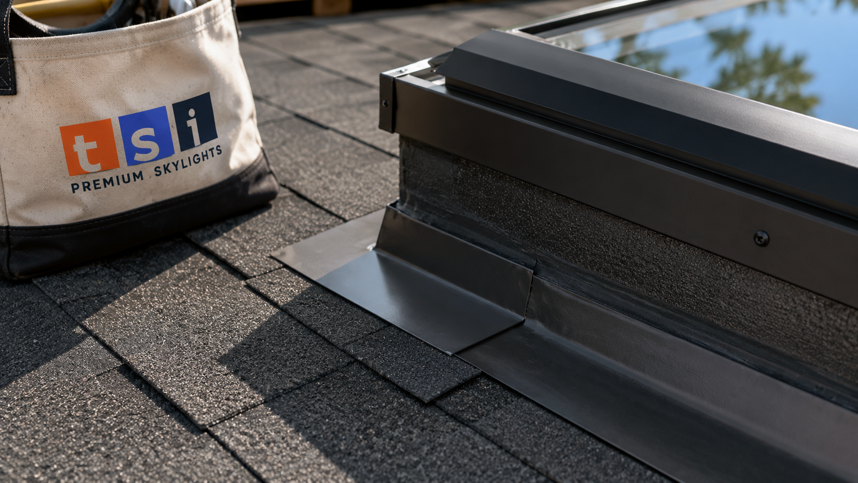 Close view of new step flashing and membrane after skylight repair in Pickering on an asphalt shingle roof