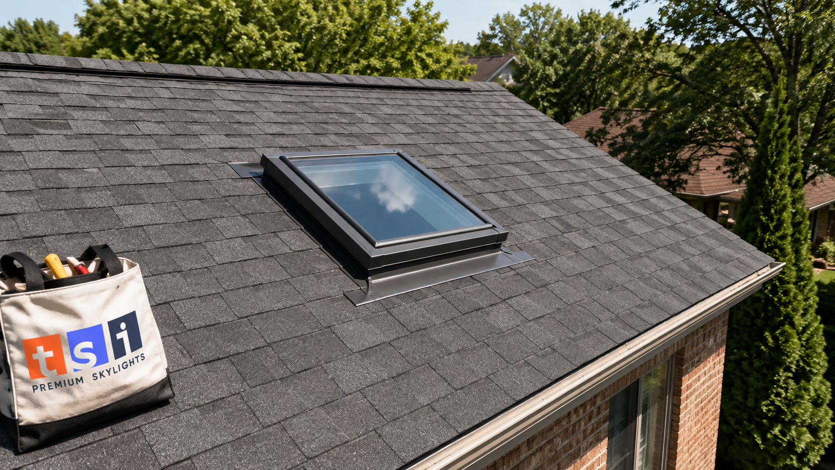 Skylight repair in Pickering shown on a suburban roof with a curb-mounted skylight in summer daylight
