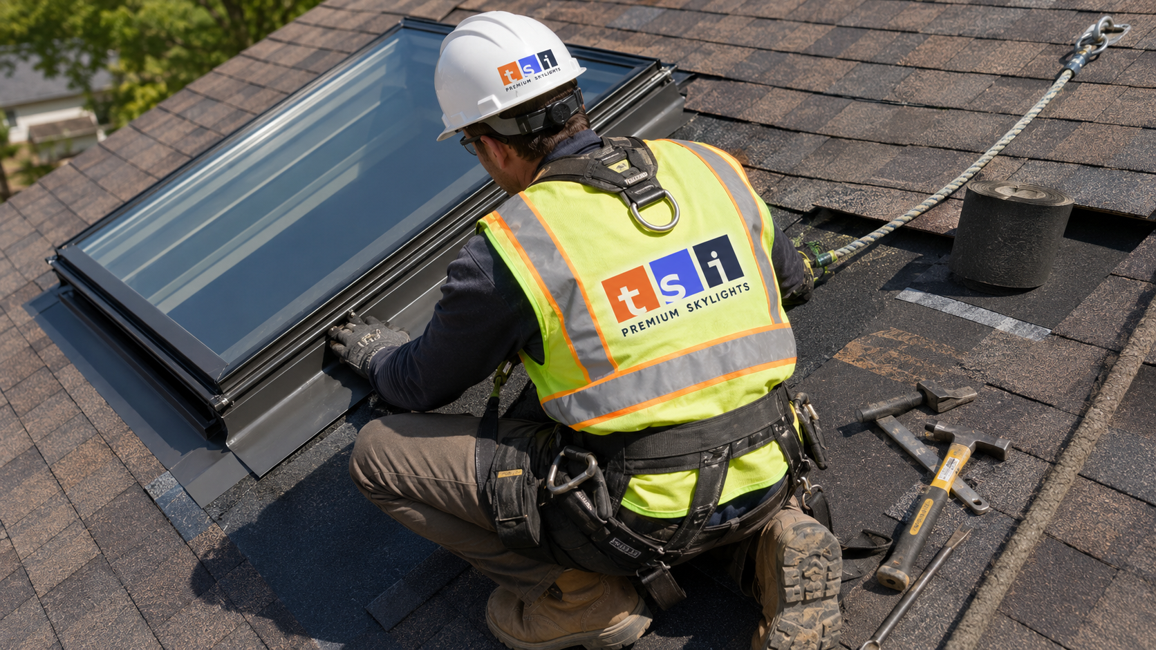 Technician performing skylight repair in Pickering by replacing flashing around a curb-mounted skylight