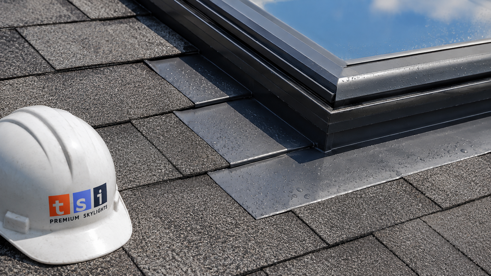 Close detail of new flashing and shingle integration after a skylight replacement in Oshawa