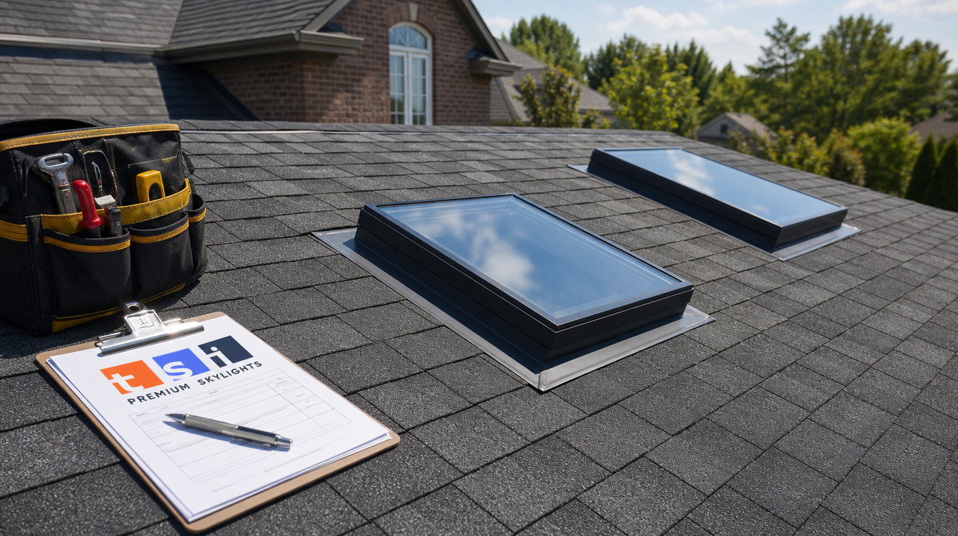 Skylight replacement in Oshawa shown on a suburban brick home roof with two newly installed skylights