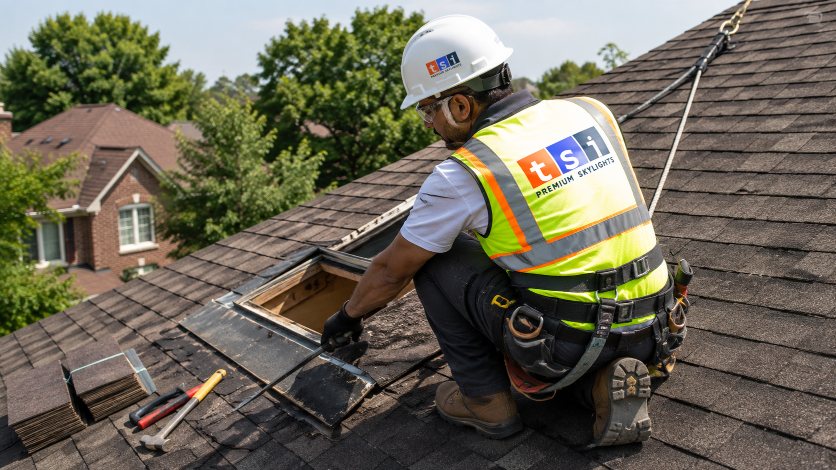 Technician performing a skylight replacement in Oshawa, removing old flashing on a shingle roof