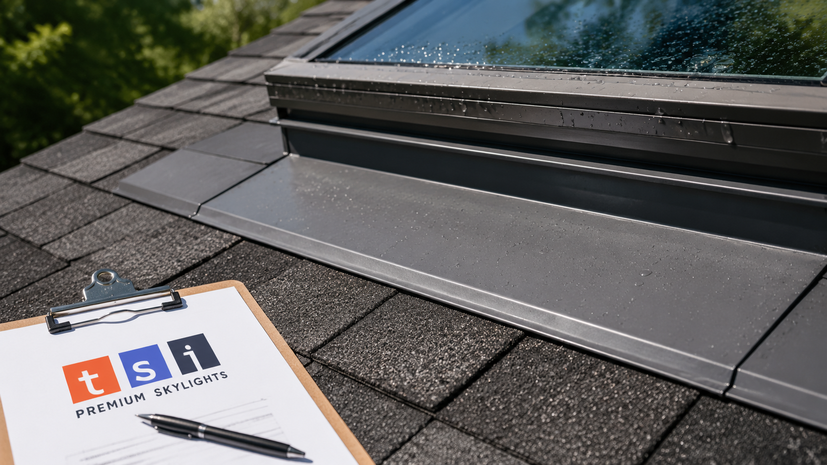 Close detail of new skylight flashing and sealed shingle courses after skylight repair Ajax service