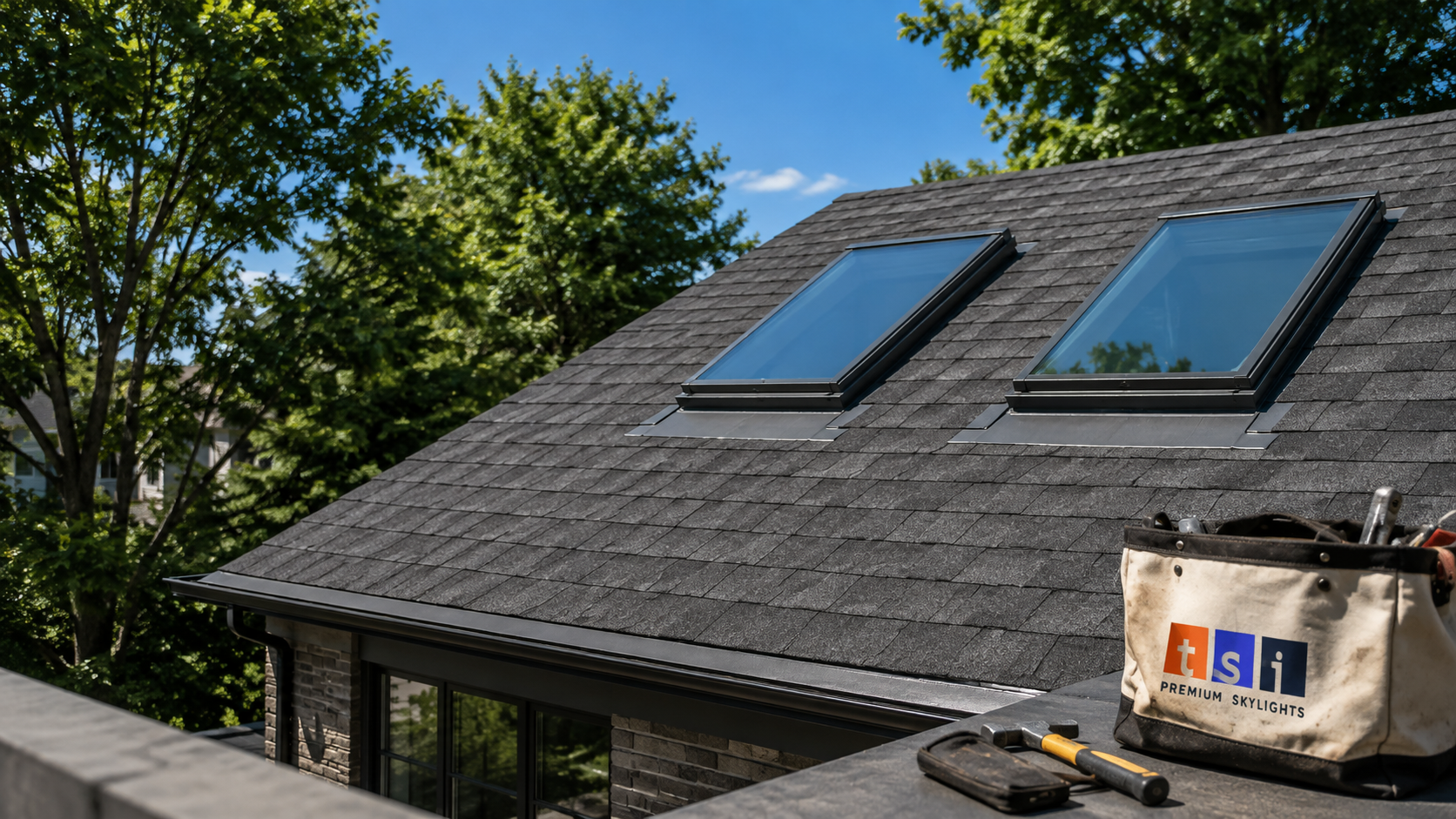 Skylight repair Ajax homeowners need shown on a suburban asphalt shingle roof with two skylights