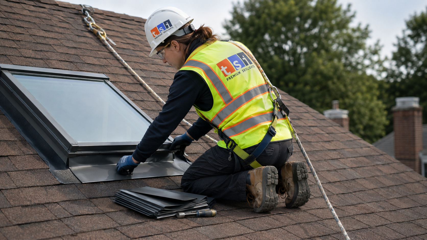 Technician performing skylight repair Ajax homeowners rely on, installing new step flashing on a shingle roof