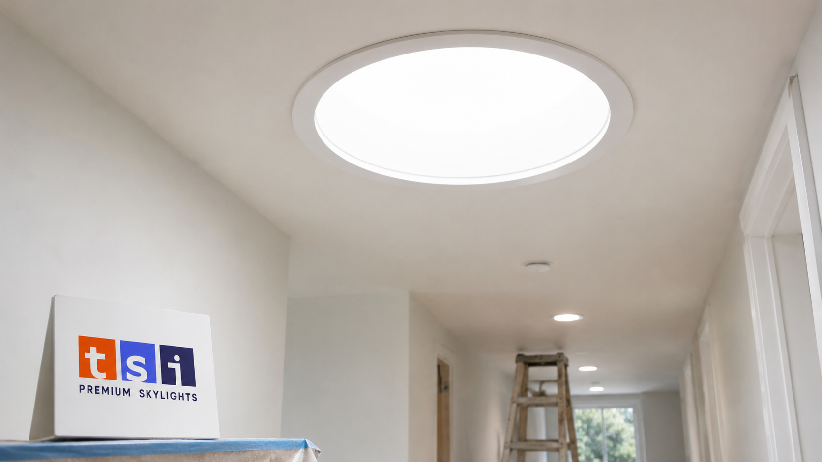 Close view of a round ceiling diffuser from sun tunnel skylights Whitby homes use, lighting a hallway