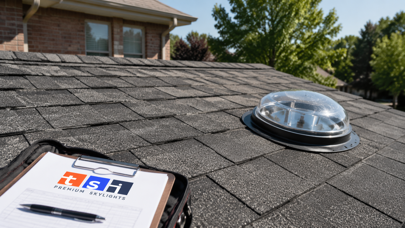 Sun tunnel skylights Whitby homes use, shown as a compact round roof dome on a suburban asphalt shingle roof