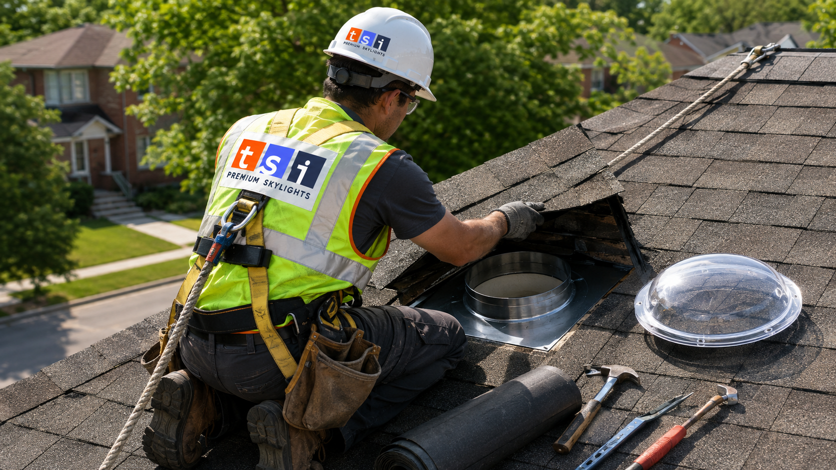 Installer fitting sun tunnel skylights Whitby homeowners choose, setting the roof flashing on a shingle roof