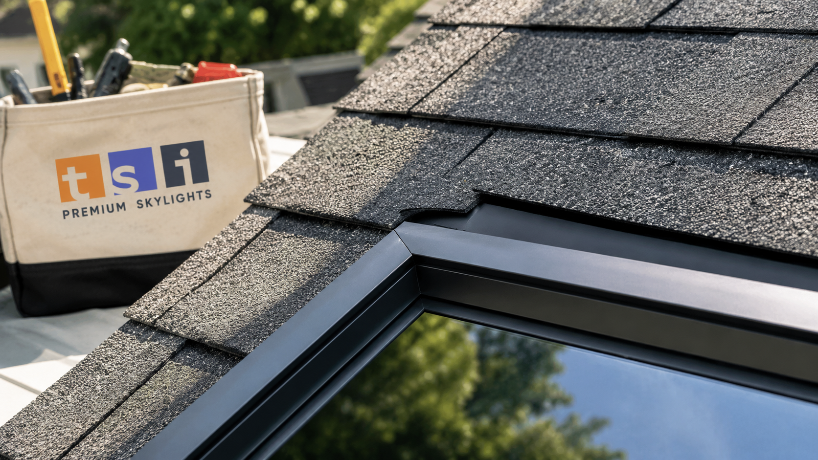 Close view of head flashing and shingle integration on a fixed skylight Pickering roof detail