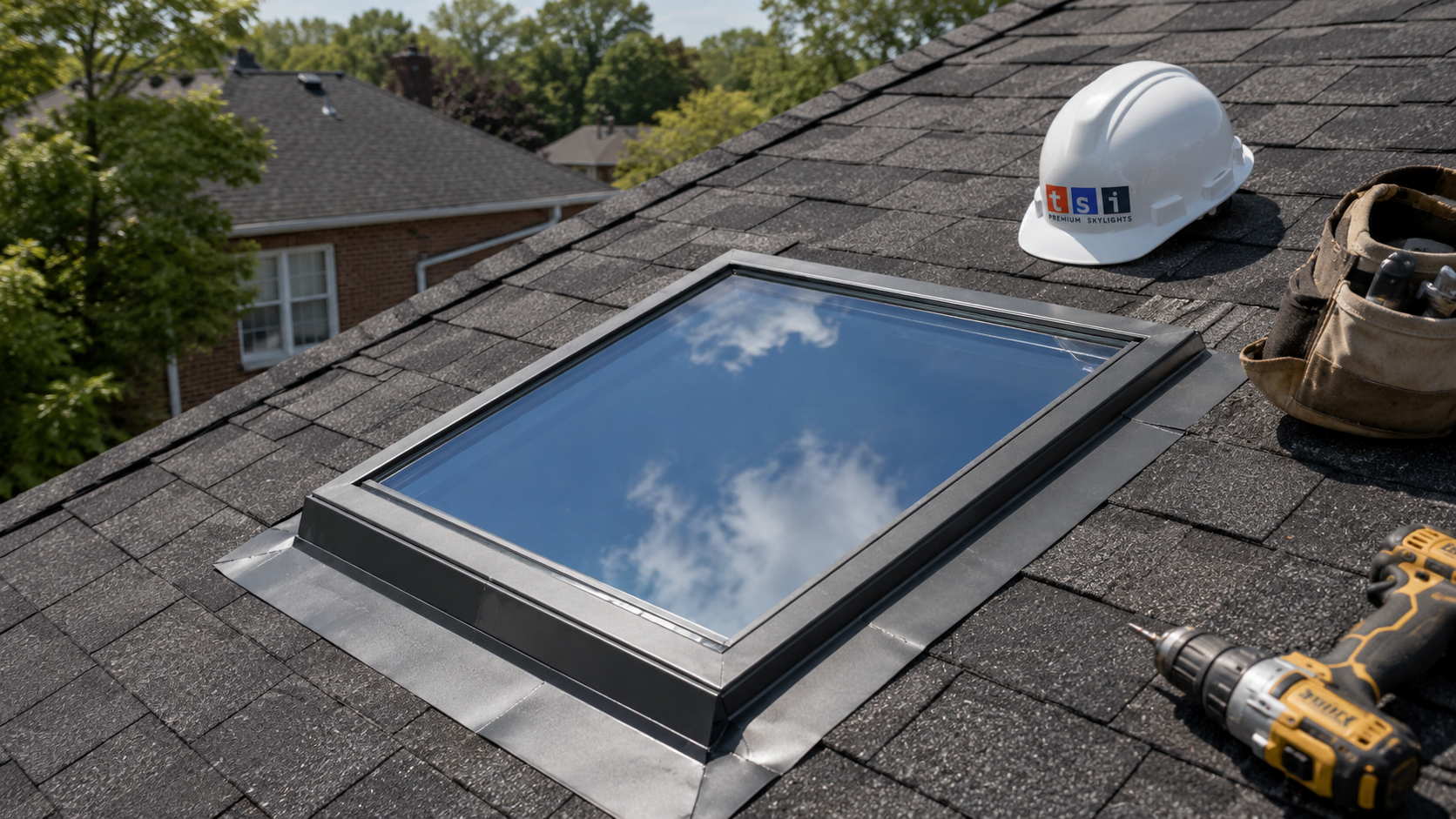 Fixed skylight Pickering installation on the sloped asphalt shingle roof of a suburban two-storey home