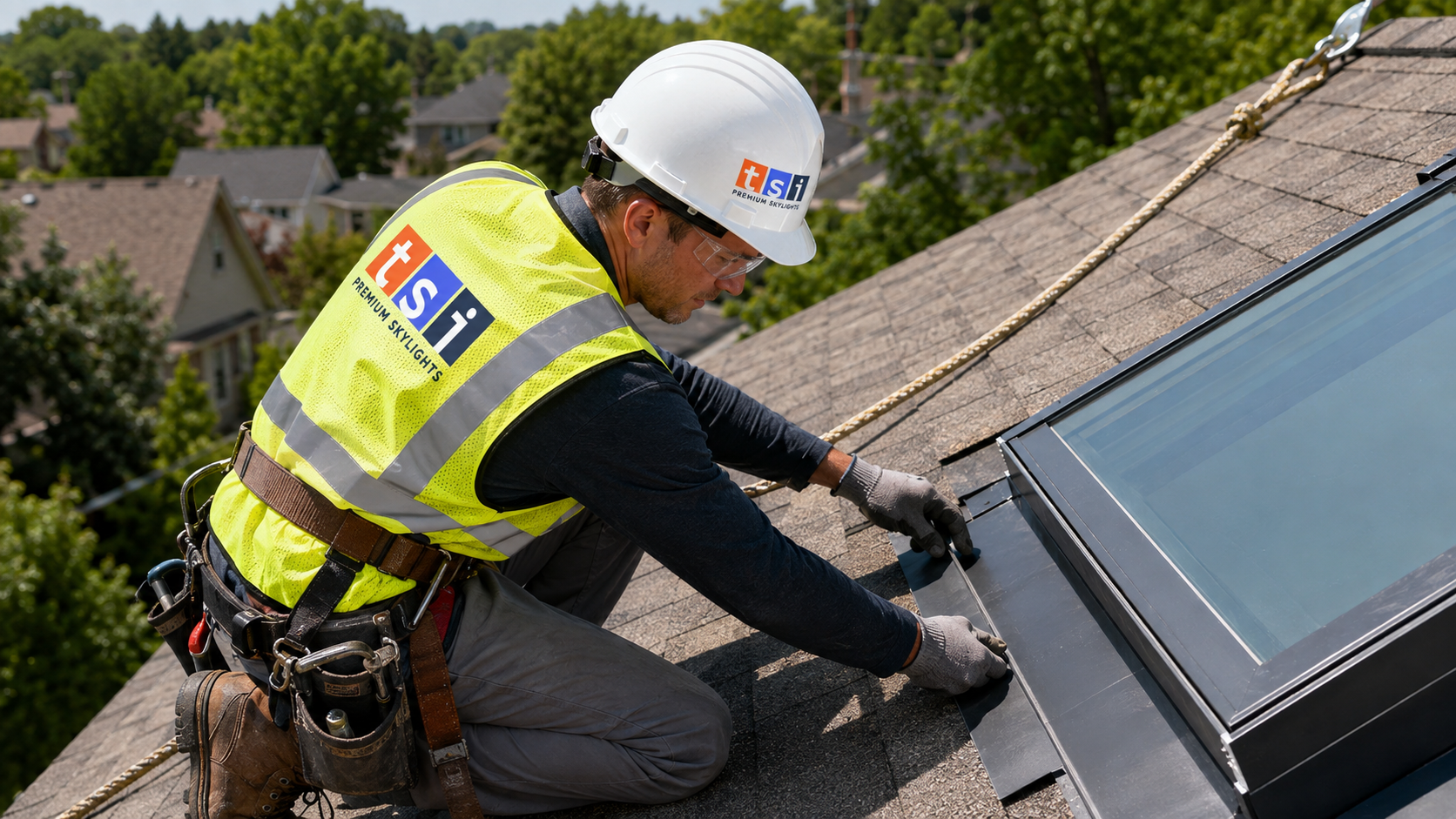 Roofer in full safety gear setting flashing around a new fixed skylight Pickering homeowners had installed