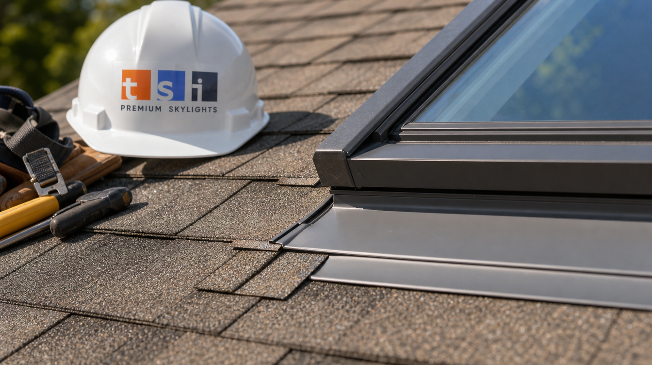 Close detail of vented skylight Oshawa flashing and weatherstripping along the sash edge in daylight