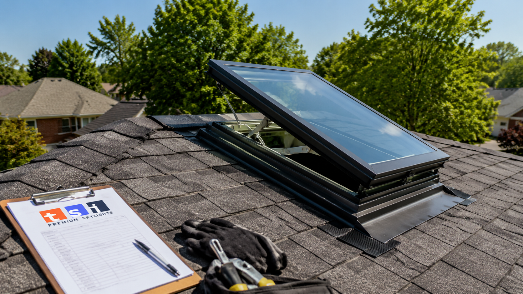 Open vented skylight Oshawa homeowners installed on a sloped asphalt shingle roof in summer daylight