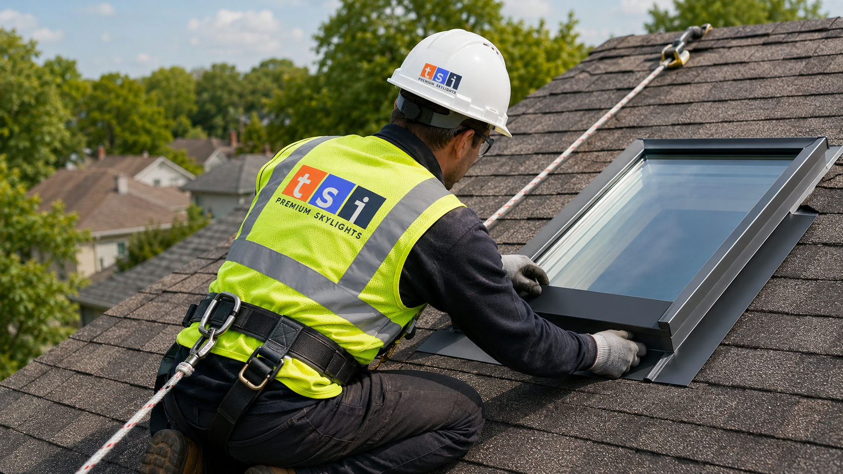 Installer in full safety gear fitting flashing around a vented skylight Oshawa opening on a shingled roof