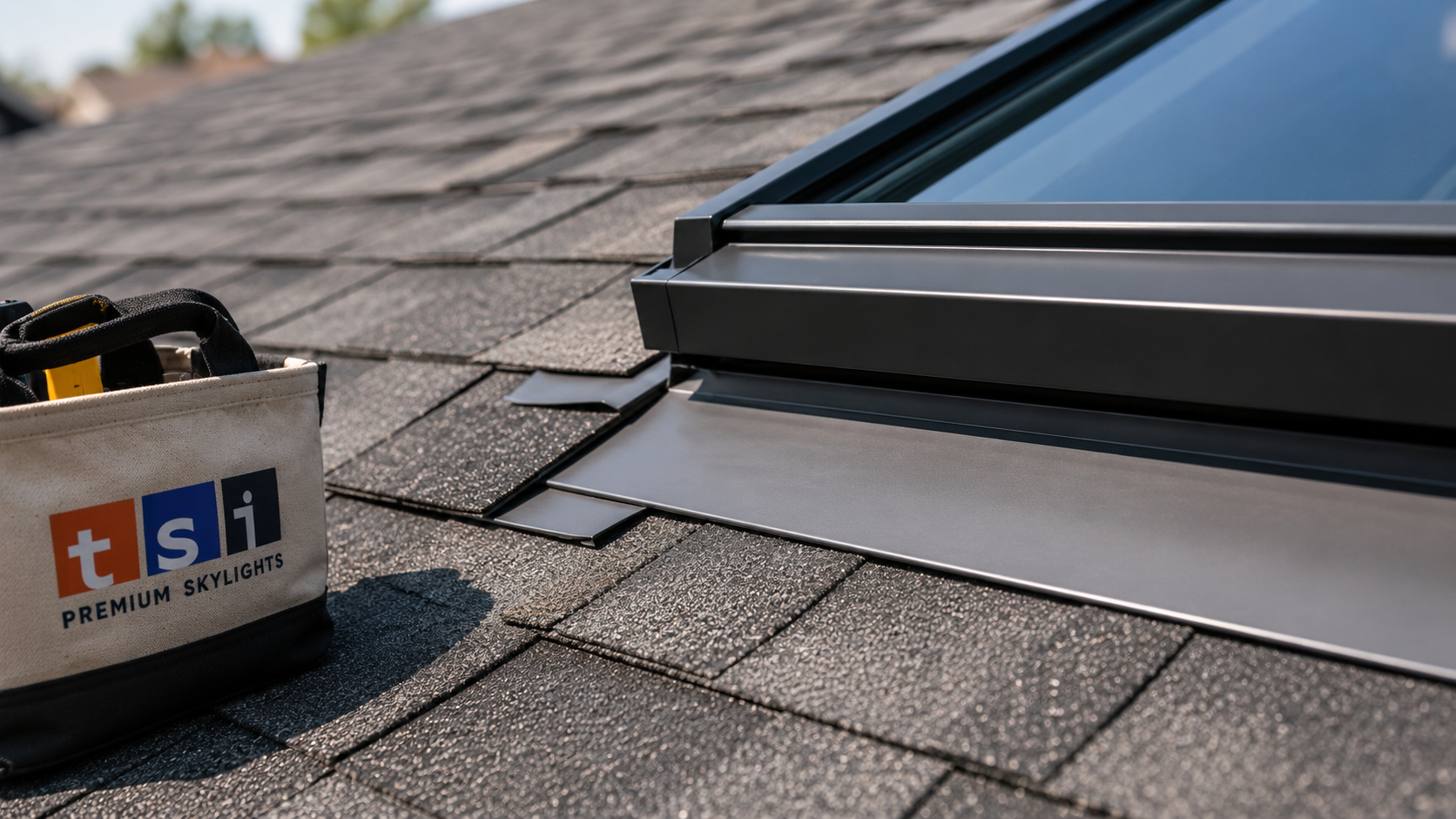 Close view of step flashing and sealed perimeter completing a skylight installation in Ajax